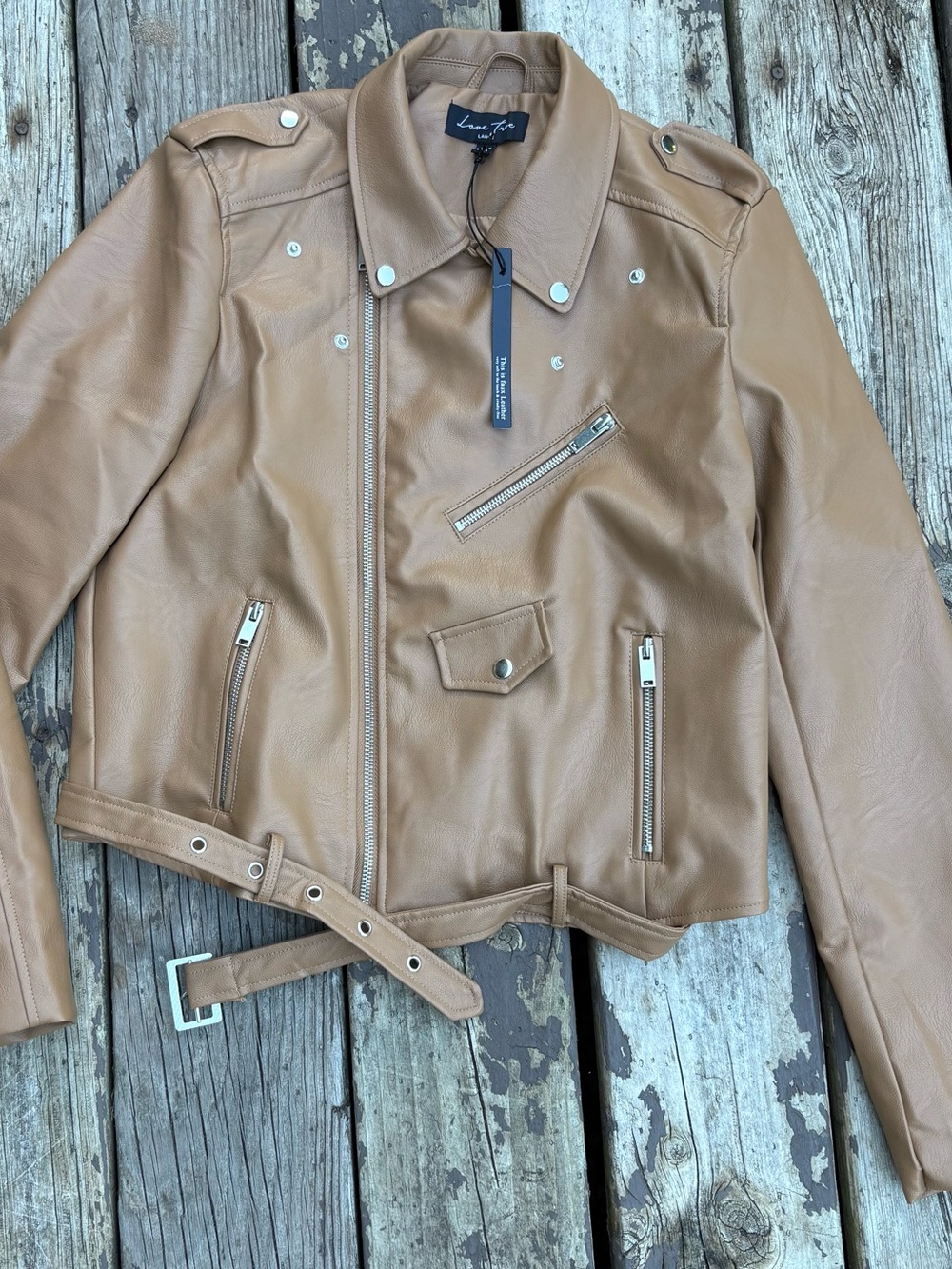 Love Tree Women's Tan Faux Leather Moto Jacket